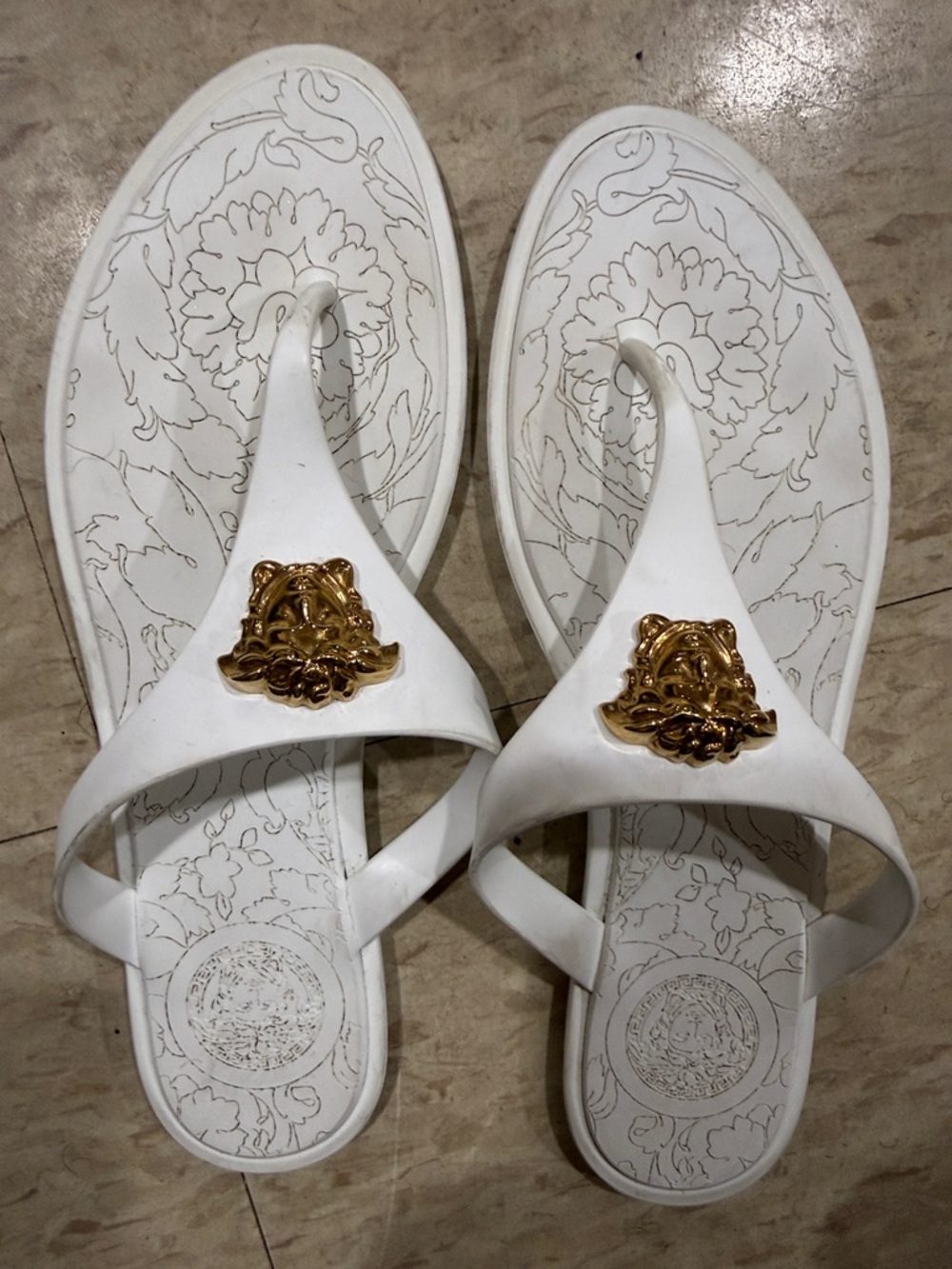 Versace White Women's Thong Sandals with Gold Medusa Emblem